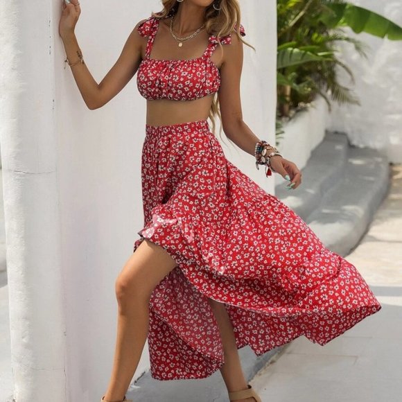 Red Ditsy Floral Print Cami Top & maxi Skirt Set - Picture 3 of 7